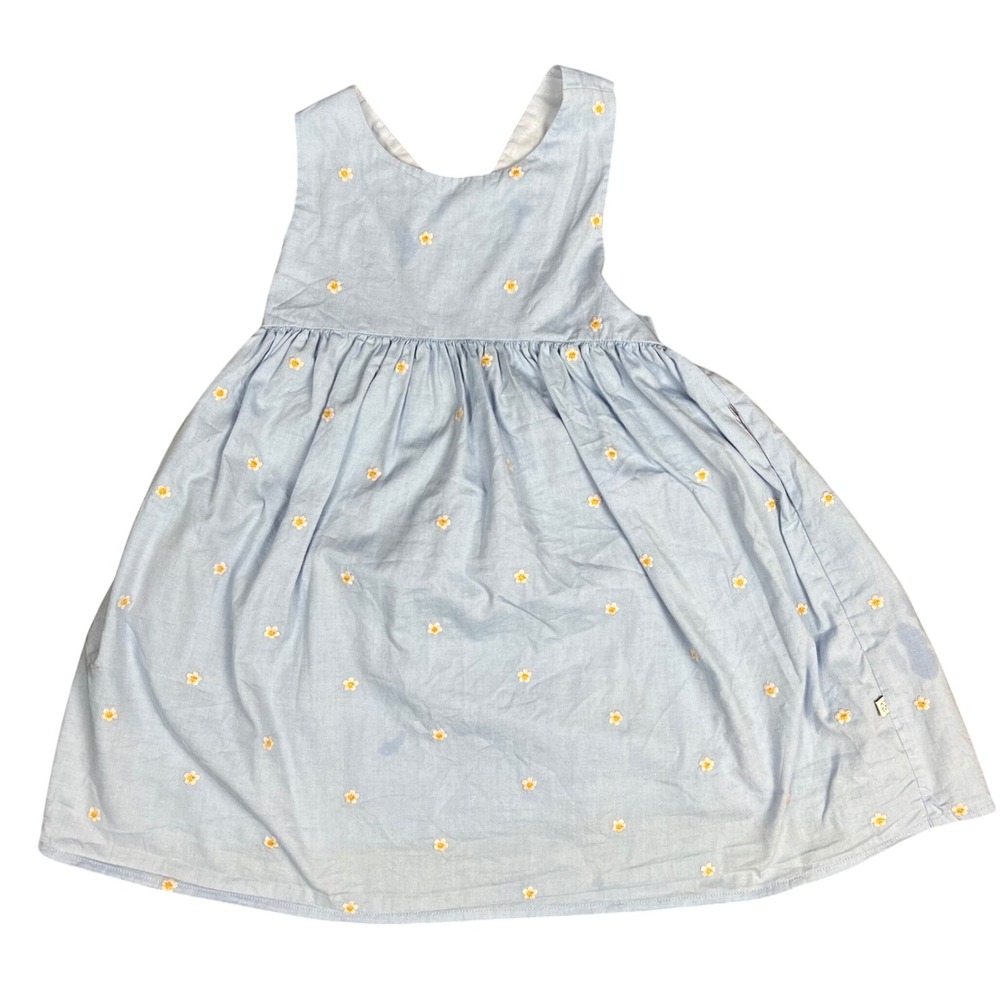 Early Sunday Kids Blue Cotton Daisy Embroidered Cross Back Pinafore Dress 4Y